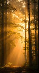 Fototapeta premium Sunlight Streaming Through Dense Forest Canopy Creating Ethereal Glow.