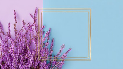 Purple heather with gold frame on split purple/blue background