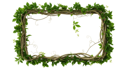 Square frame made of natural vines and green leaves isolated on transparent background