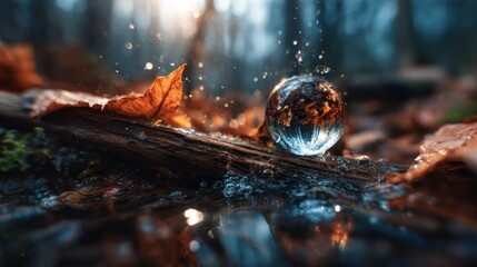 A translucent crystal sphere surrounded by autumn leaves, creating a beautiful scene as water splashes, reflecting the serene nature and the beauty of the season.