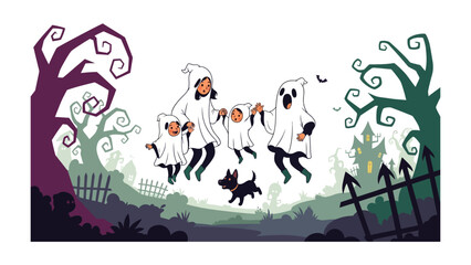 Spooky Family: A whimsical illustration captures a family in playful ghost costumes enjoying the spirit of Halloween amidst a spooky landscape. 