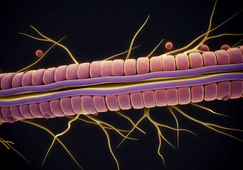 Detailed Microscopic View of Myelinated Nerve Fiber Structure with Schwann Cells and Axon for Scientific Illustration and Education