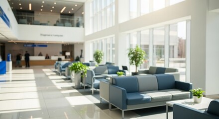 Blurred Bright Modern Waiting Area Furniture and Green Plants Architecture Interior