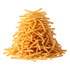 Pile of crispy potato shoestring fries isolated on transparent background