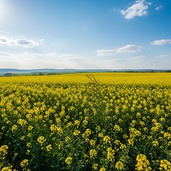 Obraz premium Vast Canola Field Under Sunny Sky.