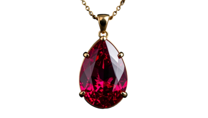 Golden necklace with a teardrop red gemstone pendant