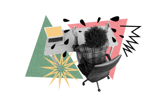 Composite collage picture image of tired stressed young man work office crying depression upset freak bizarre unusual fantasy billboard