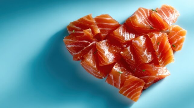 An artistic display of fresh salmon fillets arranged in a heart shape, showcasing culinary creativity and appealing aesthetics for gourmet food enthusiasts.