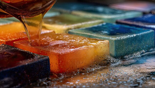 Amber liquid pours onto colorful resin blocks