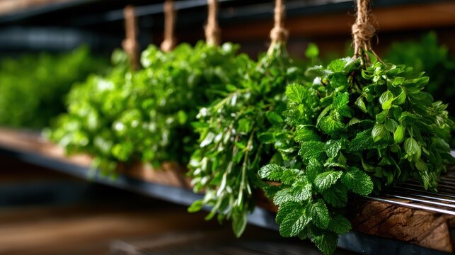 A collection of freshly dried herbs elegantly hanging in a rustic setting, showcasing the beauty of nature's bounty and the essence of natural flavors in culinary arts.
