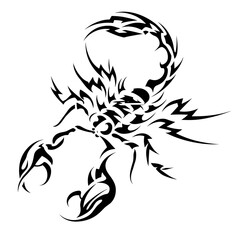 Obraz premium A stylized black and white scorpion tattoo design featuring bold sharp lines with tribal art elements raised pincers and