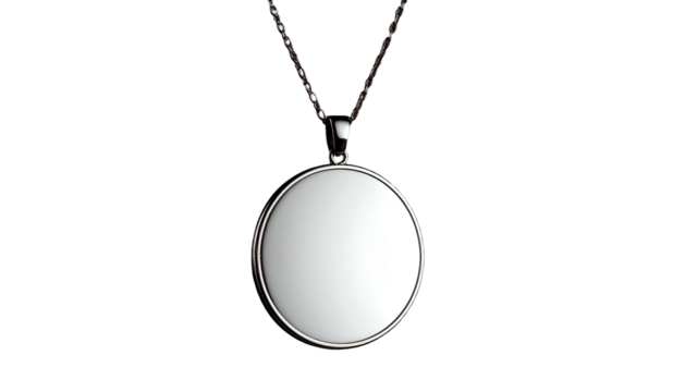 Shiny silver round pendant with a chain. Perfect for personalization
