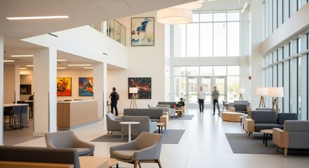 Modern Bright Interior Lobby Lounge Waiting Area with Artwork and People