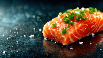 An appealing close-up of a fresh salmon fillet seasoned with herbs and sea salt, showcasing vibrant colors, perfect for culinary enthusiasts looking for quality ingredients.
