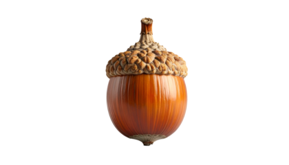 Detailed close-up of an acorn with cap, against a black background