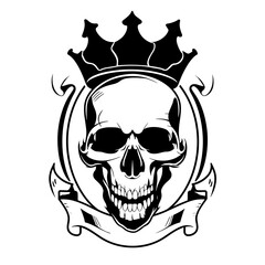 Fototapeta premium A bold monochrome vector illustration of a crowned skull featuring intricate line art, geometric patterns,