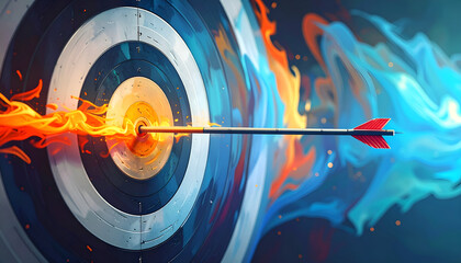 Arrow Piercing Target Amidst Fiery and Ethereal Smoke in a Vivid Blue and Orange Palette with Pixelated Artistic Elements