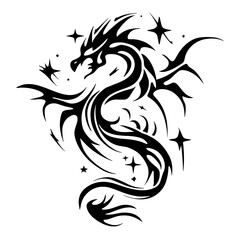 Obraz premium A black and white tribal style dragon vector illustration with bold flowing lines and mystical stars,