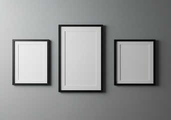 Modern Triptych Mockup: Three Empty Black Frames in Symmetrical Arrangement on a Textured Grey Wall.