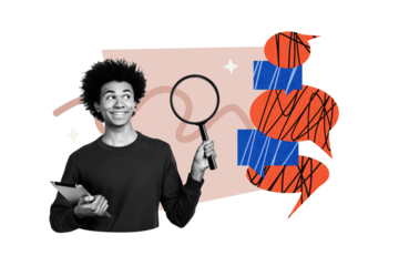 Composite photo collage of happy american guy hold tablet device loupe zoom text box communication concept isolated on painted background