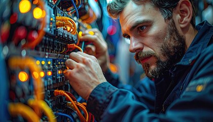 Caucasian Technician Examining Wiring with Focused Expression Blue Workwear Artificial Lighting and Bokeh Background, Maintenance and Repair Professional