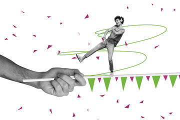 Composite photo collage of happy american guy listen music earphones dance garland holiday confetti party isolated on painted background