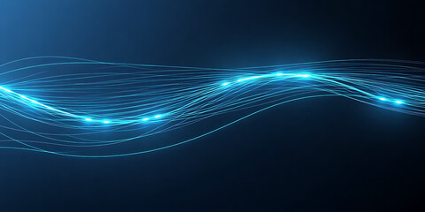 Abstract flowing blue light trails and particles creating a dynamic wave pattern against a dark background representing data or energy flow