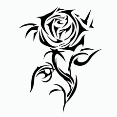 A black and white tribal rose tattoo design with bold outlines and intricate detailing,