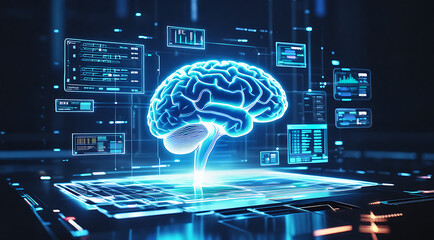 Futuristic holographic brain visualization symbolizing artificial intelligence and advanced digital technology