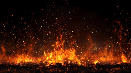 Fiery flames surge upwards, illuminating a dark background with vibrant orange and red hues, creating a dynamic and energetic display.