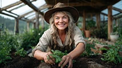 A cheerful woman tending to fresh plants in a greenhouse, radiating joy and connection with nature that highlights the therapeutic benefits of gardening.