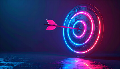 Illuminated Target with Arrow and Neon Lights on Reflective Surface
