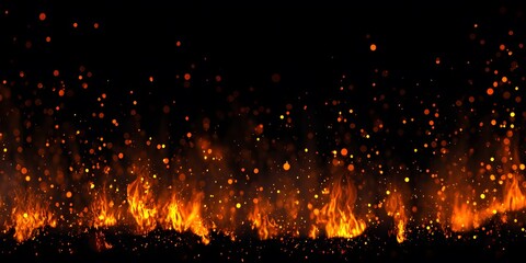 Burning flames erupt with dynamic intensity from a dark base, creating a fiery, hot display. Floating embers and particles scatter throughout the dramatic, smoky environment, adding depth.