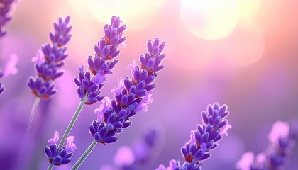 Obraz premium Close Up of Vibrant Purple Lavender Flowers Against a Soft Bokeh Background in Bright Sunlight