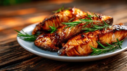 Succulent pieces of grilled salmon fillet, beautifully plated and garnished with fresh rosemary, evoking a sense of healthy eating and gourmet culinary artistry.