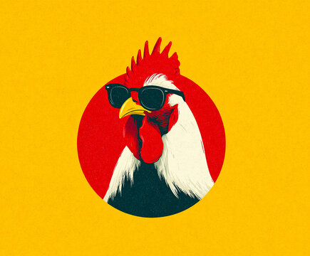 Simple circular logo, stylized cool simple chicken with glasses in the center, clean lines, flat colors