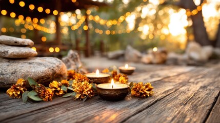 Elegant candles surrounded by dried flowers create a serene outdoor ambiance at sunset, inviting relaxation and a peaceful atmosphere for evening gatherings and tranquility.