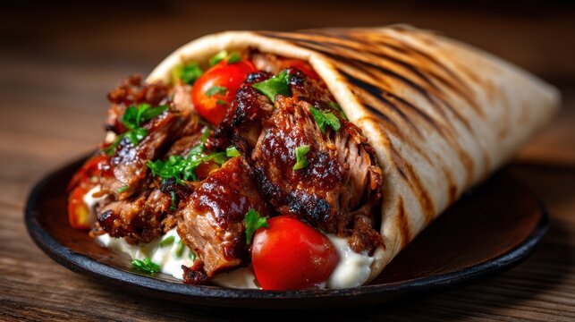 A freshly made wrap overflowing with juicy grilled meat, fresh tomatoes, and herbs presents a tantalizing meal that invites hunger and satisfaction.