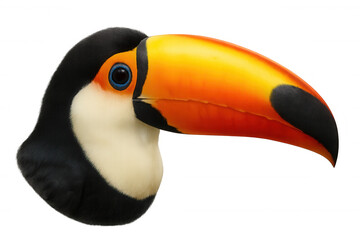 Naklejka premium Toucan head portrait showing colorful beak and blue eye, tropical bird detail with transparent background