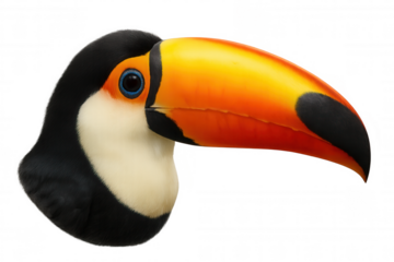 Toucan head portrait showing colorful beak and blue eye, tropical bird detail with transparent background
