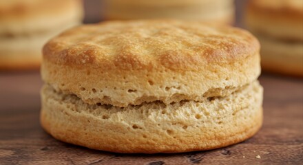 Close-up of freshly baked biscuit displaying golden crust and flaky layers on rustic wooden