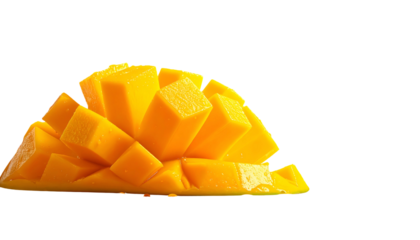 Freshly cut, vibrant mango fruit with a dark background
