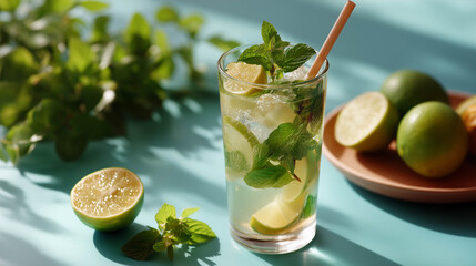 A refreshing mojito cocktail with fresh mint, lime, and sparkling soda in a clear tall glass, vibrant summer vibe.