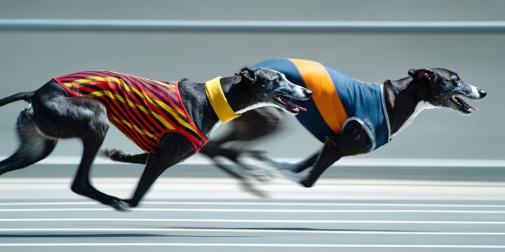 Two Racing Greyhounds in Colorful Jerseys Sprinting at High Speed on a Sunny Day