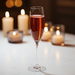 Elegant sparkling rosé champagne in flute glass with romantic candlelight in background, luxury drink for romantic dinner, celebration, or upscale bar menu design