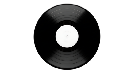 Illustration of black vinyl record with white label isolated on transparent background