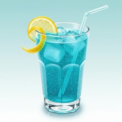 Vibrant blue summer drink with lemon garnish and ice cubes in tall glass, refreshing tropical cocktail or soda beverage with citrus twist for bar menu, summer party, or beach resort design