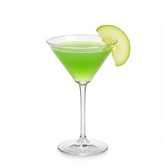 Green apple martini in a cocktail glass with fresh apple slice garnish, vibrant green drink for modern cocktail menus, themed parties, or refreshing fruit-flavored bar drinks