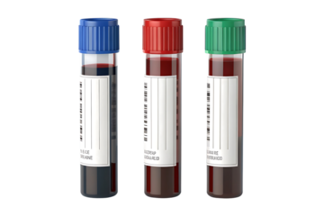 Three Blood Sample Tubes with Blue Red and Green Caps for Medical Testing and Analysis