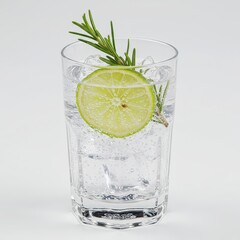 Refreshing sparkling water with lime slice and rosemary garnish in tall glass, healthy detox drink with ice cubes, clean and fresh concept for wellness, spa, diet, or modern bar design
